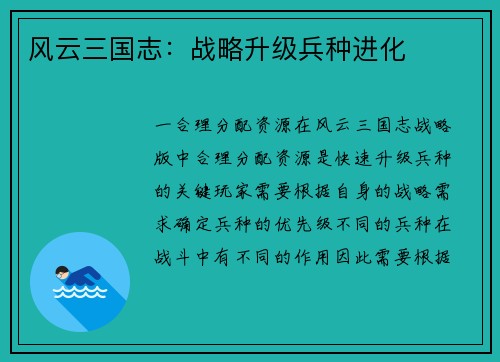 风云三国志：战略升级兵种进化