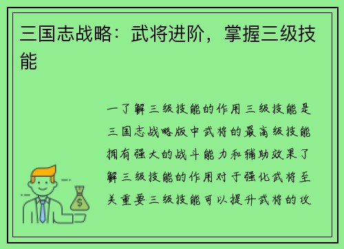 三国志战略：武将进阶，掌握三级技能